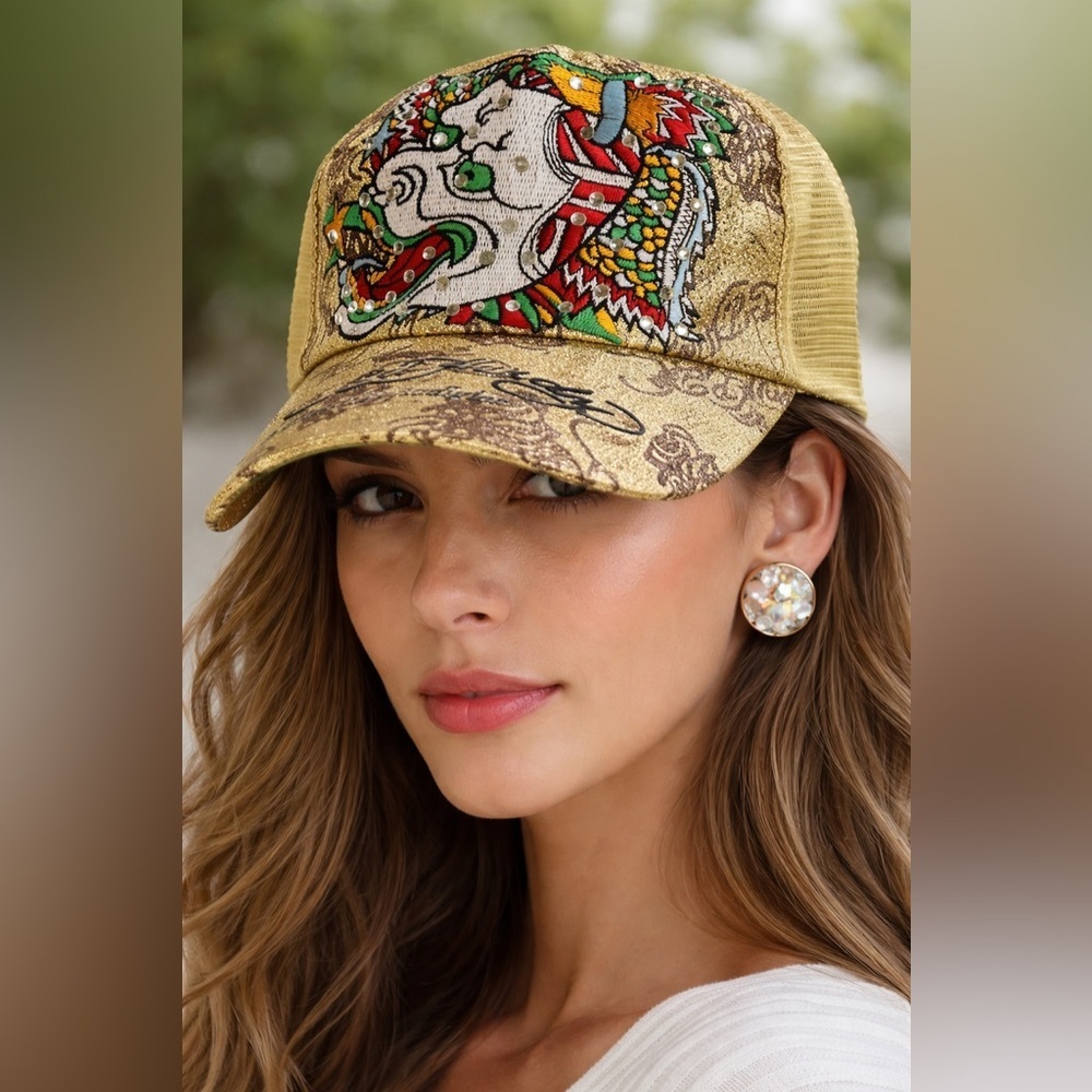 Ed Hardy Gold Trucker Hat with Dragon Design